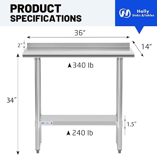 Hally Stainless Steel Table for Prep & Work 14 x 36 Inches, NSF Commercial Heavy Duty Table with Undershelf and Backsplash for Restaurant, Home and Hotel
