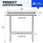 Hally Stainless Steel Table for Prep & Work 14 x 36 Inches, NSF Commercial Heavy Duty Table with Undershelf and Backsplash for Restaurant, Home and Hotel