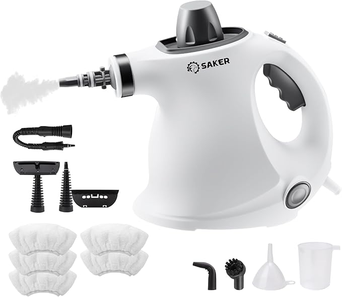 Saker Handheld Steam Cleaner,Portable Steam Cleaner for Home,Powerful 1050W Steam Cleaner Set,Includes 9 Attachments for Quick Heating & Deep Cleaning of Floors, Cars, and Kitchen(5 Fiber Cloths)