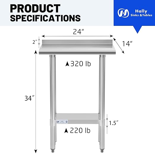 Hally Stainless Steel Table for Prep & Work 14 x 24 Inches, NSF Commercial Heavy Duty Table with Undershelf and Backsplash for Restaurant, Home and Hotel