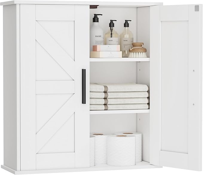Bathroom Wall Cabinet, Over Toilet Storage Cabinet with Barn Doors and Adjustable Shelves, 3-Tier Medicine Cabinet Wall Mounted, for Bathroom, Kitchen, Entryway, Laundry Room, White, (7.9" D)