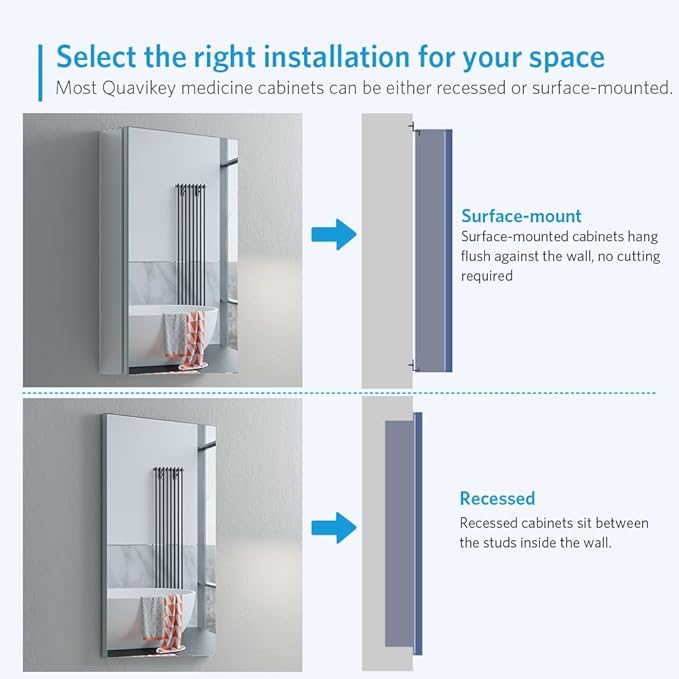 Quavikey Bathroom Medicine Cabinet with Mirror, Aluminum Surface Mount or Recessed Mirror Medicine Cabinet 16x26 Inch, Silver