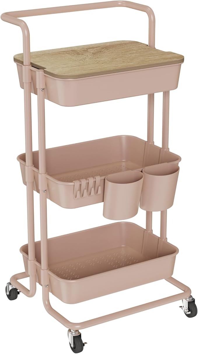DTK 3 Tier Rolling Utility Cart with Cover Top Board, Movable Kitchen Storage Cart Trolley with Lockable Wheels, Cups, Hooks for Kitchen Bathroom Home Office Art Craft Storage and Organization(Pink)