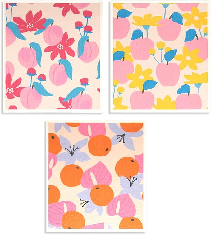 6 - Pack Swedish Kitchen Dish Cloths - Reusable Paper Towels for Counters & Dishes - Eco Friendly Cellulose Sponge Cloth - Assorted (Fruit Plants)