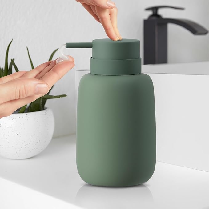 Green Soap Dispenser Bathroom,Ceramic Soap Dispenser Lotion Pump Dish Soap Dispenser for Kitchen,16oz Refillable Liquid Hand Wash Dispenser for Bathroom (Rubber Paint)