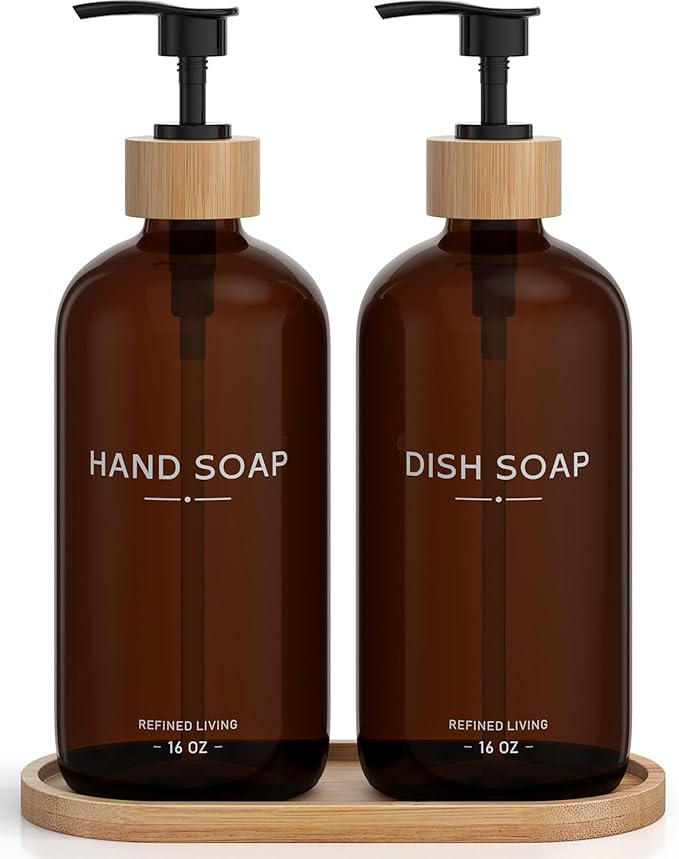 Hand and Dish Soap Dispenser Set,16oz Glass Bottles with Printed Labels, Bamboo Tray & Pump,Countertop Soap Dispensers for Kitchen,Luxury, Minimalist & Farmhouse Decor (Hand Dish (Amber))