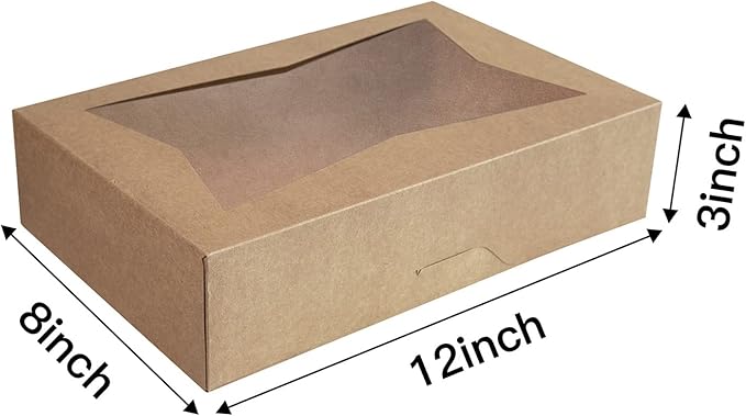 15-PACK Brown Pastry Bakery Box 12x8x3inch,Large Donuts,Muffins,Cookies Boxes with PVC Window - Auto-Pop up Nature Kraft Paper Box Container,Pack of 15 (Brown, 15)