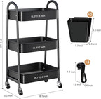 3 Tier Metal Rolling Cart with Lockable Wheels, Black Three Tiered Utility Storage Organizer Carts on Wheels for Bathroom, Kitchen, Laundry, Garage, Office, Craft, Art, Baby, Diaper Caddy, Snack, Book