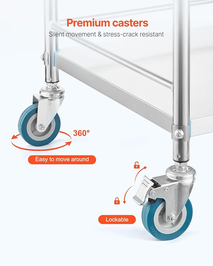 VEVOR Service Cart, 3 Layers Stainless Steel Utility Rolling Cart with Drawer, Lockable Wheels, Ideal for Laboratory, Hospital, Dental Use