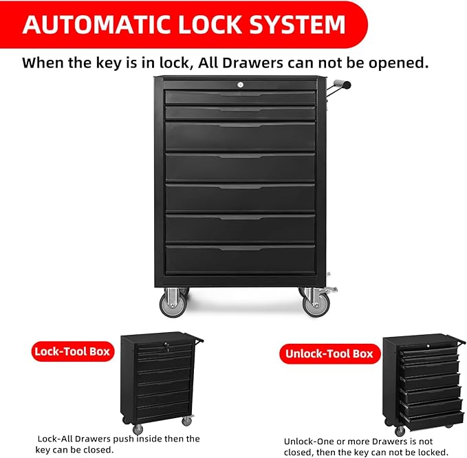 Tool Chest Cabinet, Large Capacity Metal Tool Box with Wheels and Cylinder Locking, Roll Around Storage Organizer Tool Cart for Garage, Redtool cabinets on Wheels (Black, 7-Drawer-Wheel)