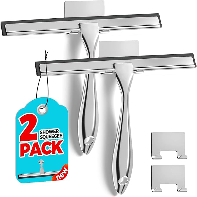 2PACK Shower Squeegee for Glass Doors, Squeegee for Shower Glass，All-Purpose Tile Walls, Bathroom, Window, Glass and Car Windshield, Mirrors and Kitchen-Stainless Steel, 10 Inches, Silver
