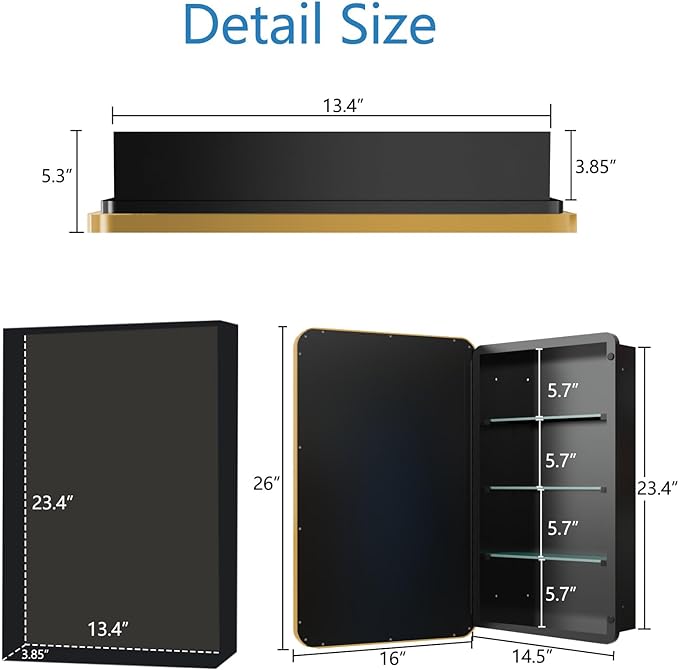 Bathroom Medicine Cabinet,16"x26" Mirror Door with Stainless Steel Brush Gold Frame,Recessed & Surface Wall Cabinet with Removable Glass Shelves,Rust-Resistant Bathroom Storage Cabinet