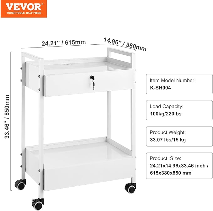 VEVOR Lab Cart, 2 Tiers Stainless Steel Utility Cart, Medical Cart with 2 Drawers, Rolling Lab Cart White Paint, Serving Cart with Swivel Casters for Laboratory, Hospital, Dental, Salon and Beauty