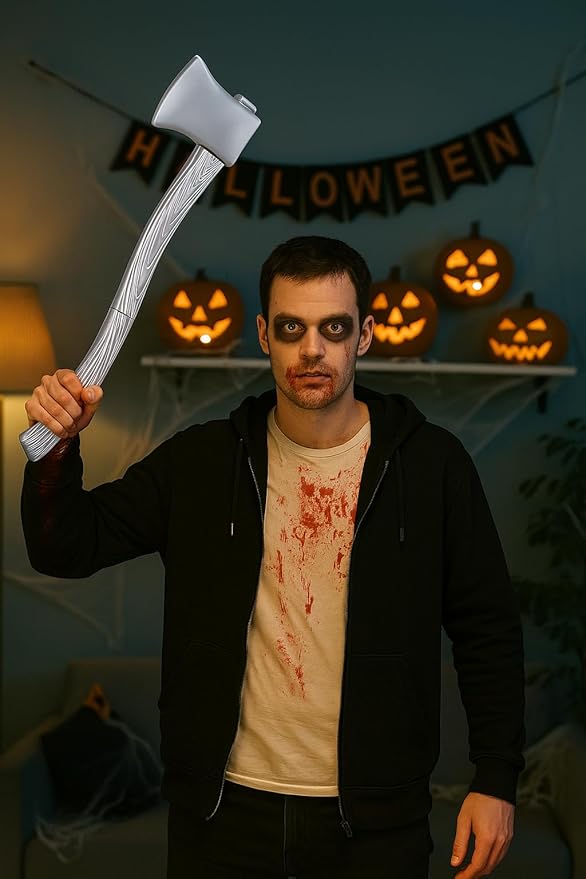 24 inch Silver Plastic Axe Prop – Fake Costume Hatchet, 2-Piece Detachable Design, Halloween Party Decoration & Cosplay Toy Weapon Great for Family Use