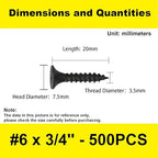 500 pcs Black Self-Tapping Screws, Phillips Flat Head Short Head Screws, Countersunk Head Cabinet Screws, Phillips Wood Screws for Various Woodworking Repairs and DIY Projects #6 x 3/4''(20 mm)