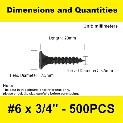 500 pcs Black Self-Tapping Screws, Phillips Flat Head Short Head Screws, Countersunk Head Cabinet Screws, Phillips Wood Screws for Various Woodworking Repairs and DIY Projects #6 x 3/4''(20 mm)