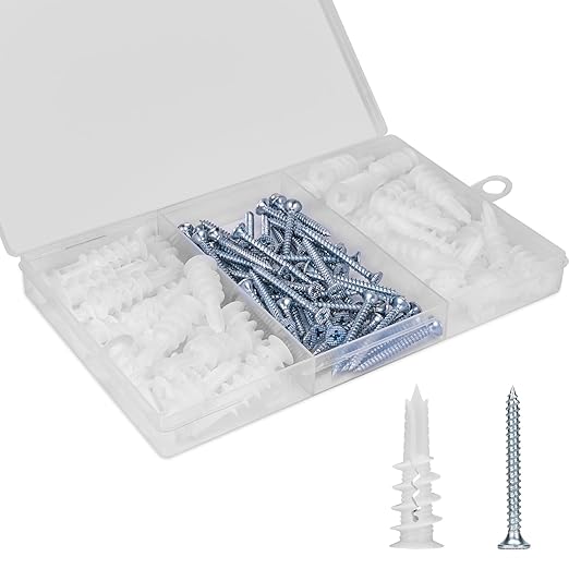 Self Drilling Drywall Anchors, 100PCS Heavy Duty Dry Wall Anchors and Screws Kit for Hanging Sheetrock, 50 Self-Tapping Plastic Drywall Hangers 50 Sheet Rock Screws