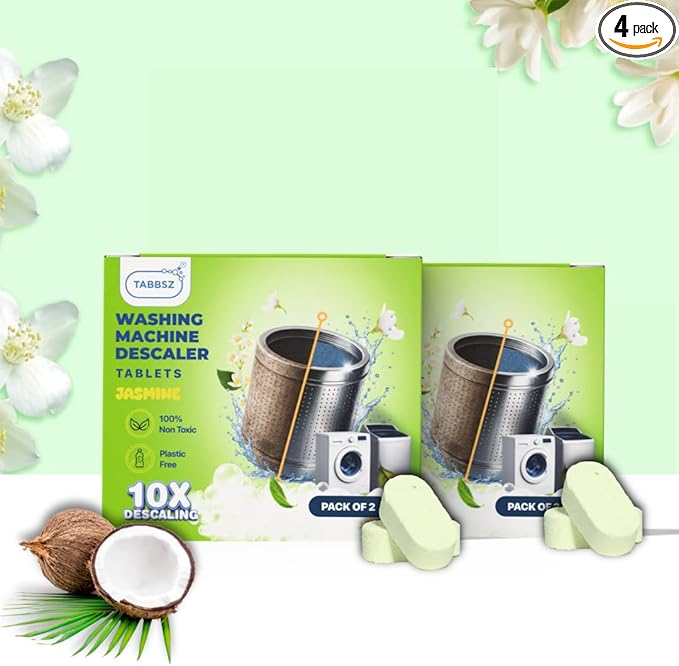 Washing Machine Descaler Tablets | Eco-Friendly & Non-Toxic Plant-Based Descaling Formula | 10X Deep Cleaning | Protects Drum & Removes Limescale | Jasmine - Pack of 4