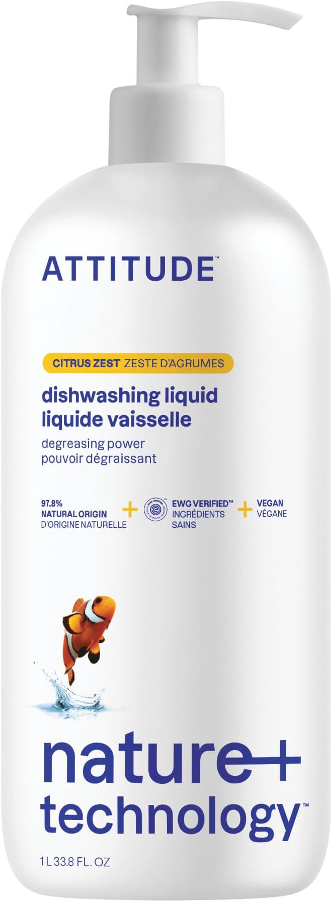 ATTITUDE Dish Soap, EWG Verified, Plant-Based & Vegan Dishwashing Liquid, Naturally Derived, Citrus Zest Scent, 33.8 Fl Oz