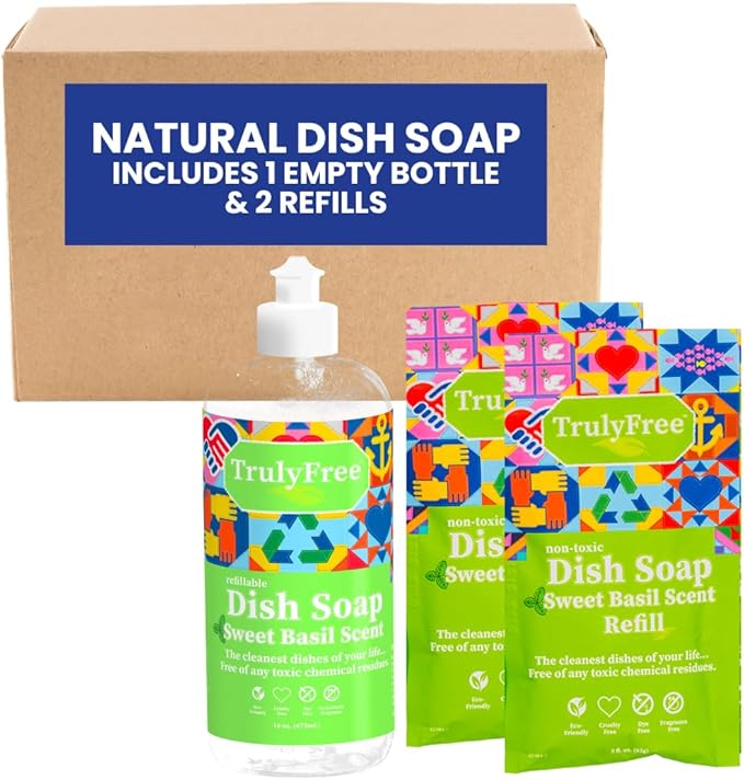 Natural Concentrated Dish Detergent Dishwashing Liquid | Plant-Based Dish Soap | Sweet Basil Fresh Scent | 2 Refill Packs with 1 Empty Refillable Squeeze Bottle (16 Oz)