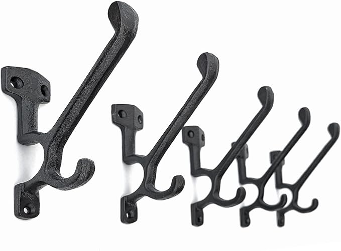 Ambipolar 5 Pack Decorative Cast Iron Heavy Duty Double Hooks, Wall Mounted Coat Hooks, Vintage Inspired (Antique Black) (Type-7 Type)