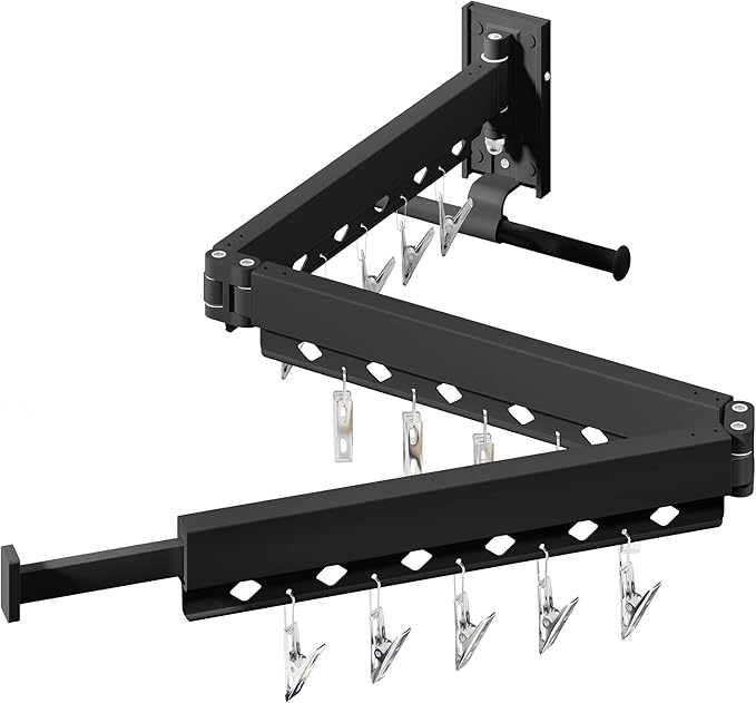 Wall Mounted Clothes Hanger,Clothes Drying Rack,Laundry Drying Rack,Clothes Rack,Laundry Rack Wall Mount,Retractable Collapsible Drying Rack Clothing (Windproof Holes,with Clips),Black