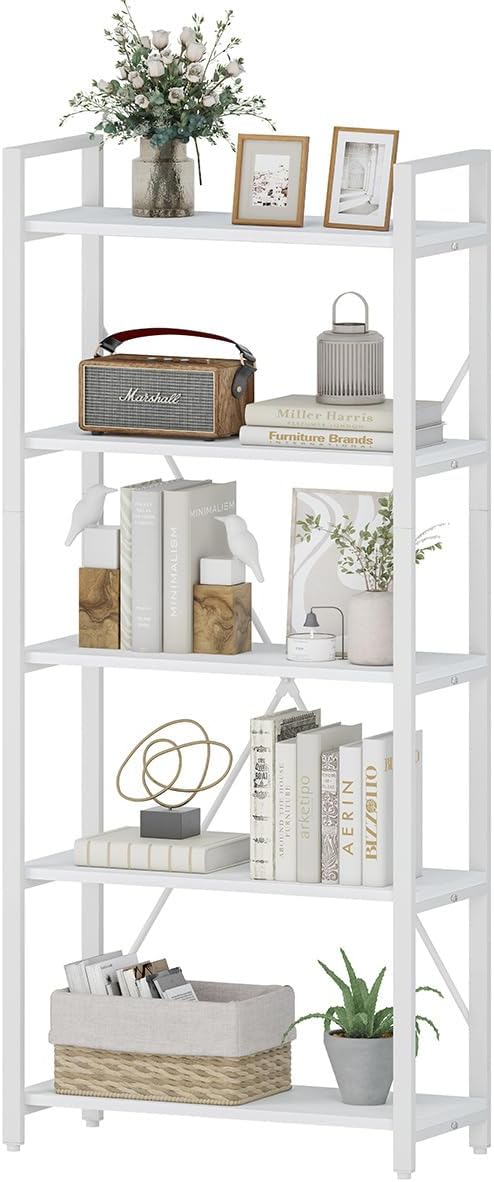 FATORRI 5 Tier Bookshelf, Metal and Wood Bookcase, Etagere Book Shelf for Display, Modern Shelving Unit Tall Book case for Home Office, Living Room (White Oak)