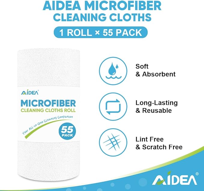 AIDEA Microfiber Cleaning Cloth Roll, Shop Towels 165 Sheets(3 Roll), Tear Away Reusable Paper Towels, White Rags for Bars, Cleaning Rags for Automotive, Mechanic, Workshops, House, 11×9"