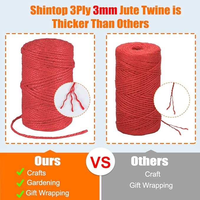 328 Feet 3mm Thick Natural Jute Twine, 3Ply Red Twine Roll Heavy Duty Packing Materials String for Crafts, Chistmas Gift Wrapping and Gardening