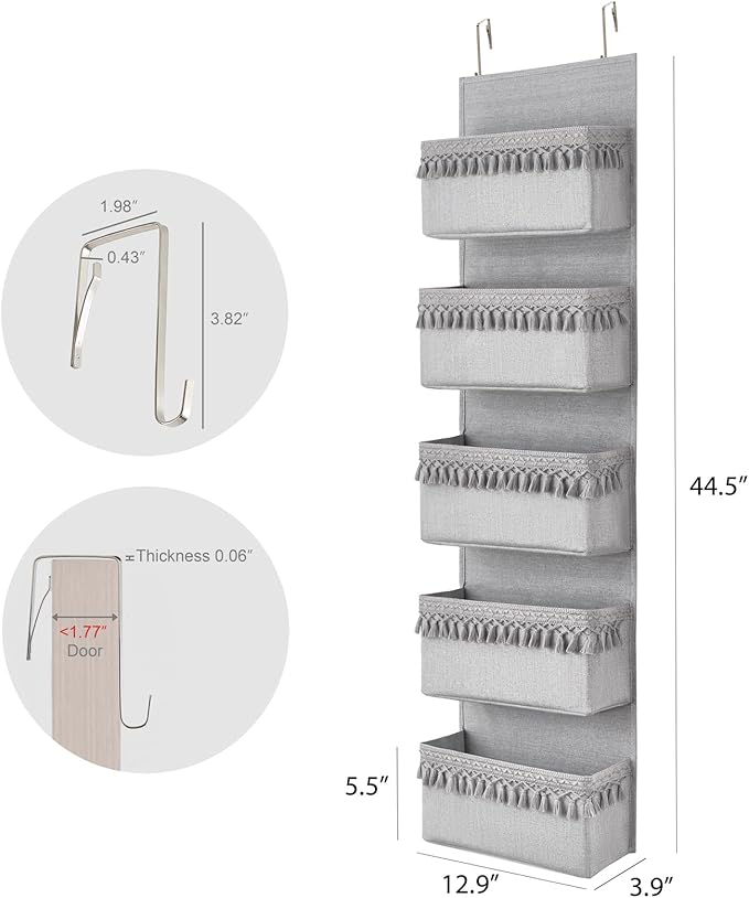 Dahey Over The Door Organizer Boho Nursery Storage Decor Closet Hanging Organizer with Tassels Decoration for Bedroom Nursery Bathroom Apartments Dorm Pantry, 5 Pockets, Grey