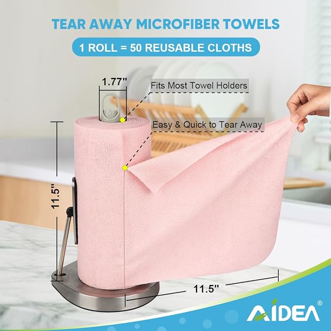 AIDEA Microfiber Cleaning Cloth Roll, 50PK, Tear Away Reusable Paper Towels Pink, Commercial Shop Rags, Microfiber Towels for Cars, Lint Free Cleaning Rags for House, Kitchen, Garage Shop, 11.5"×11.5"