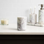 Cork & Mill Marble Bathroom Container with Lid - Holder for Qtip Swabs, Cotton Balls, Pads, Rounds, or Floss Picks - White Apothecary Jar for Q Tips - Canister for Organizing Bathroom Counter Vanity