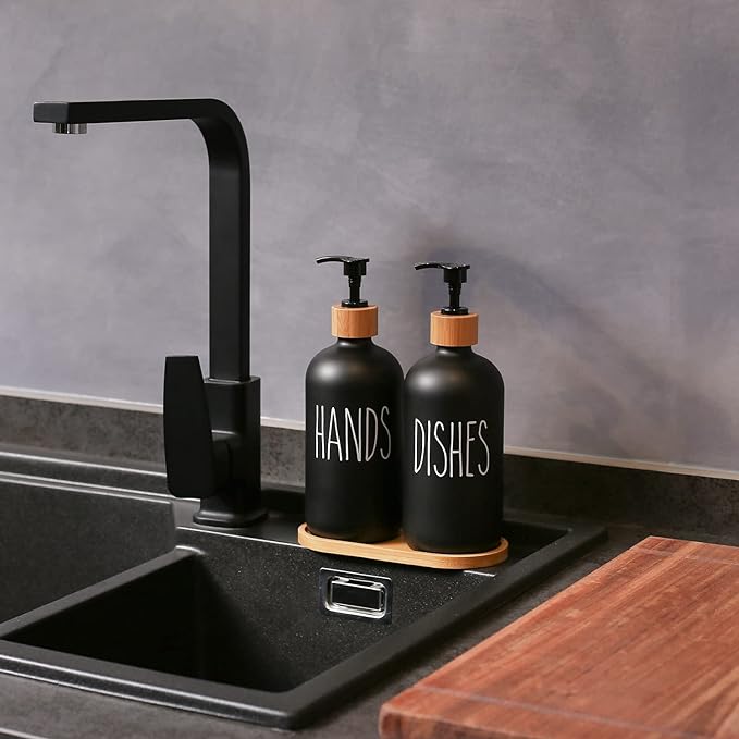 MOMEEMO Black Soap Dispenser Set, Contains Hand and Dish Soap Dispenser, Suitable for Kitchen Decor. (Black)