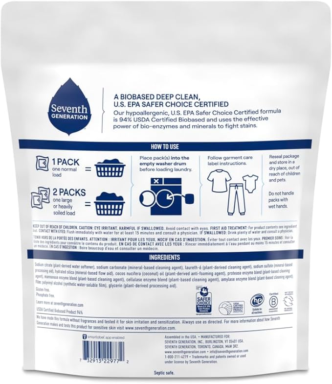 Seventh Generation Laundry Detergent Packs, Free & Clear, 90 Loads (2 pouches, 45 Ct EA)