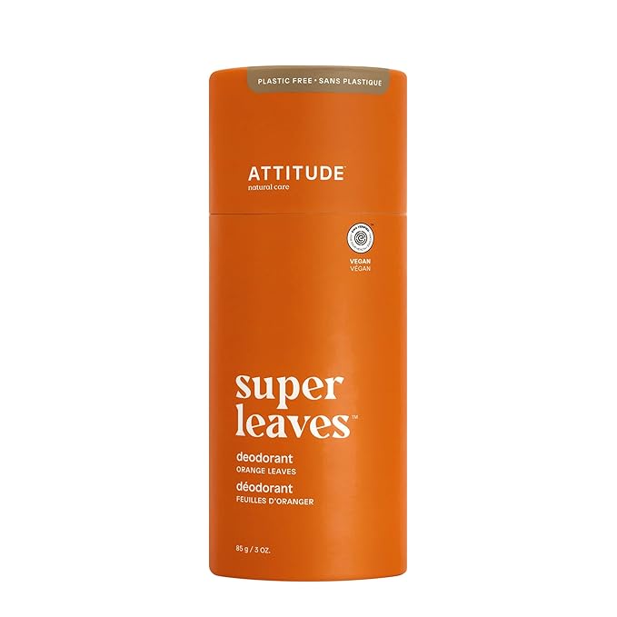 ATTITUDE Plastic-Free Deodorant, EWG Verified, Aluminum Free, Vegan Naturally Sourced Body Deodorants for Women & Men, Dermatologically Tested, Orange Leaves, 3 Ounces