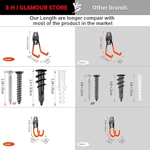 3-H Heavy Duty Garage Hooks 10 Pack, Garage Wall Hooks with Extra Welding Spots,Wall Mount Storage Organizer for Hanging Garden Lawn Tools, Chair, Shovel, Blower (Orange)