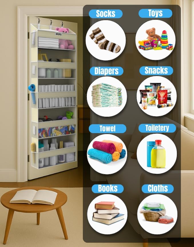 Over the Door Organizer with 5 Large Pockets & 10 Mesh Side Pockets – Durable Hanging Storage for Closet, Bathroom, Bedroom, and Pantry – Space Saving Door Storage with Sturdy Metal Hooks.