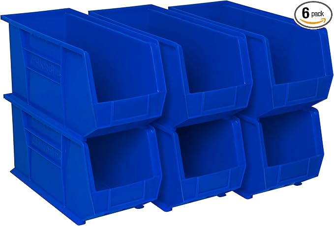 Akro-Mils 30265 AkroBins Plastic Storage Bins, Space-Saving Stackable Bins for Garage, Pantry, Craft Organization, 18-" x 8.25-" x 9-", Blue, 6-Pack