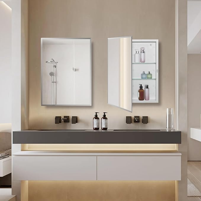 Bathroom Medicine Cabinet with Beveled Edge Mirrored Door 16 x 36 inch, Recessed or Surface Mount, with Adjustable Glass Shelves