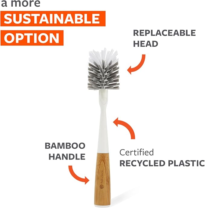 Full Circle Clean Reach Bottle Brush with Replaceable Bristle Brush Head, Bamboo Handle, White