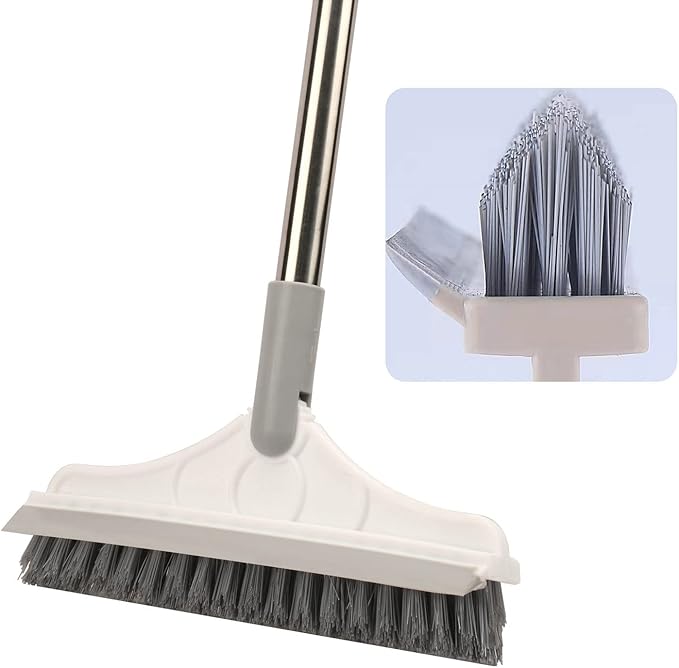 2 in 1 Floor Brush Scrubber with Long Handle Grout Brush 3 Poles 53.5'' New Upgrade Stiff Bristle Cleaning Scrub Brush with Squeegee 120°Rotating Tile Brush for Cleaning Bathroom Glass Patio Kitchen
