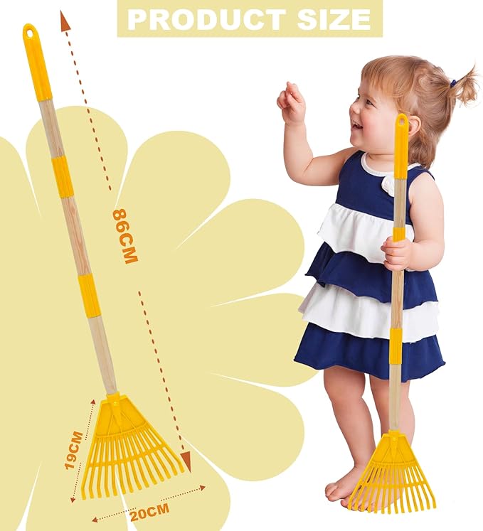 Kids Leaf Rake - 3-Section Adjustable Handle, Lightweight, Wood & Plastic, Small Garden Tool for Children (Yellow)