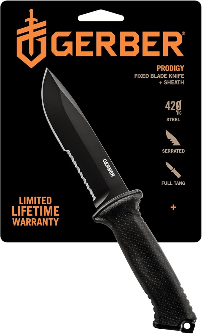 Gerber Gear Prodigy Fixed Blade Survival Tactical Knife - Full Tang, Serrated Edge Knife - American High Carbon Steel Blade - Molded Soft-Grip - with Protective MOLLE Sheath - Black