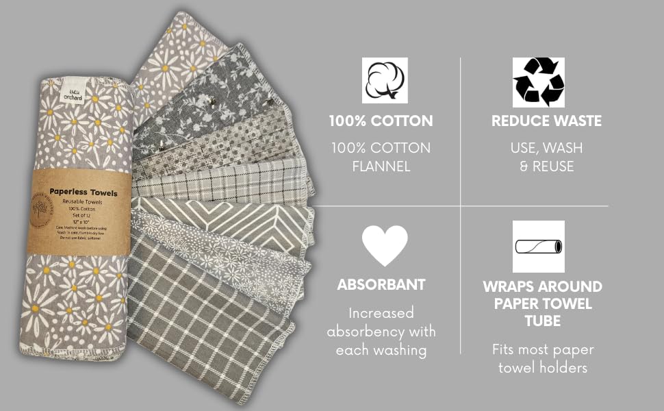 Paperless Towels, 12-12" X 10" Washable Paper Towels, Reusable Paper Towels, 100% Cotton (Grey Variety)