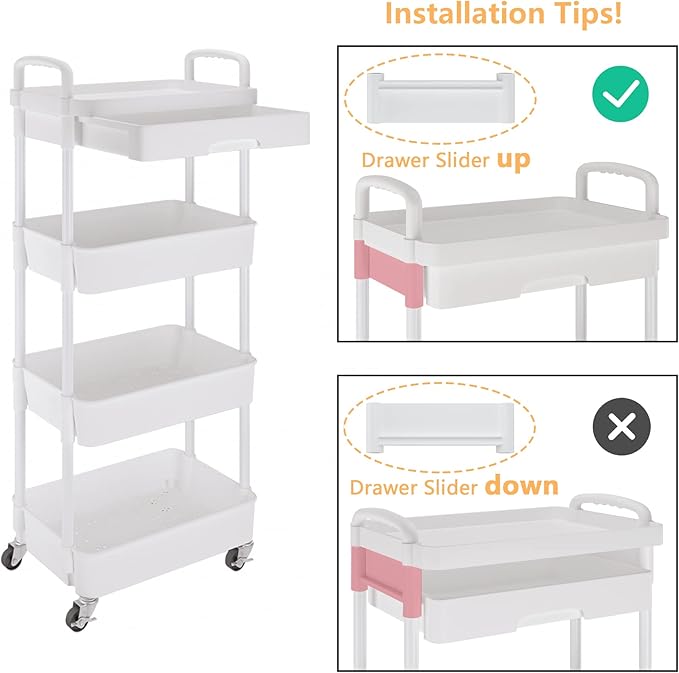 Calmootey 4-Tier Rolling Utility Cart with Drawer,Multifunctional Storage Organizer with Plastic Shelf & Metal Wheel,Storage Cart for Kitchen,Bathroom,Living Room,Office,White