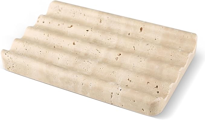 Marble Soap Dish, Beige Travertine Bar Soap Holder Shower, Brown Large Bathroom Soaps Saver, Easy Cleaning Natural Stone Sponge Holder for Kitchen Sink, Executive Jewelry Ring Tray