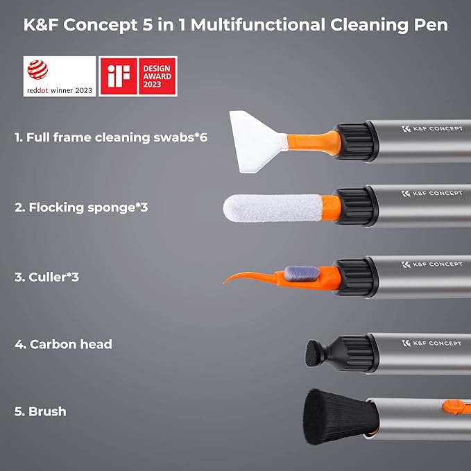 K&F Concept Lens Cleaning Pen Kit for Full-Frame Sensors, Multi-Function Cleaner Kit for Airpods Pro, Earbuds, Bluetooth Earphone Headphone Case, iPhone Charging Port, Earpods