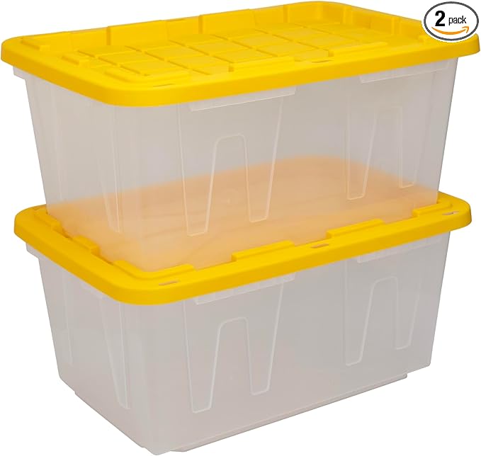 CX BLACK & YELLOW, 27-Gallon Heavy Duty Clear Storage Container & Snap-Tight Lid, Clear & Yellow (14.3H x 20.6W x 30.6D), Weather-Resistant, Stackable, See-Through Organization Tote [2 Pack]