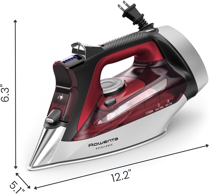 Rowenta, Iron, Focus Excellence Stainless Steel Soleplate Steam Iron for Clothes, Retractable Cord, 400+ Microsteam Holes, Powerful steam, LED Display, 1750 W Ironing Clothes, Cordreel, Red DW5433