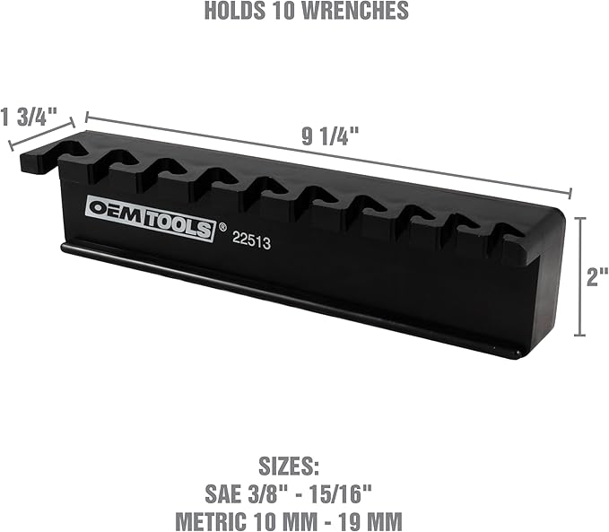 OEMTOOLS 22513 Magnetic Wrench Holder and Tool Organizer, Magnet Holds Up To 10 Wrenches To Most Metal Surfaces, SAE and Metric, 9.25 Inch Magnetic Tool Holder For Shop Or Garage, Black